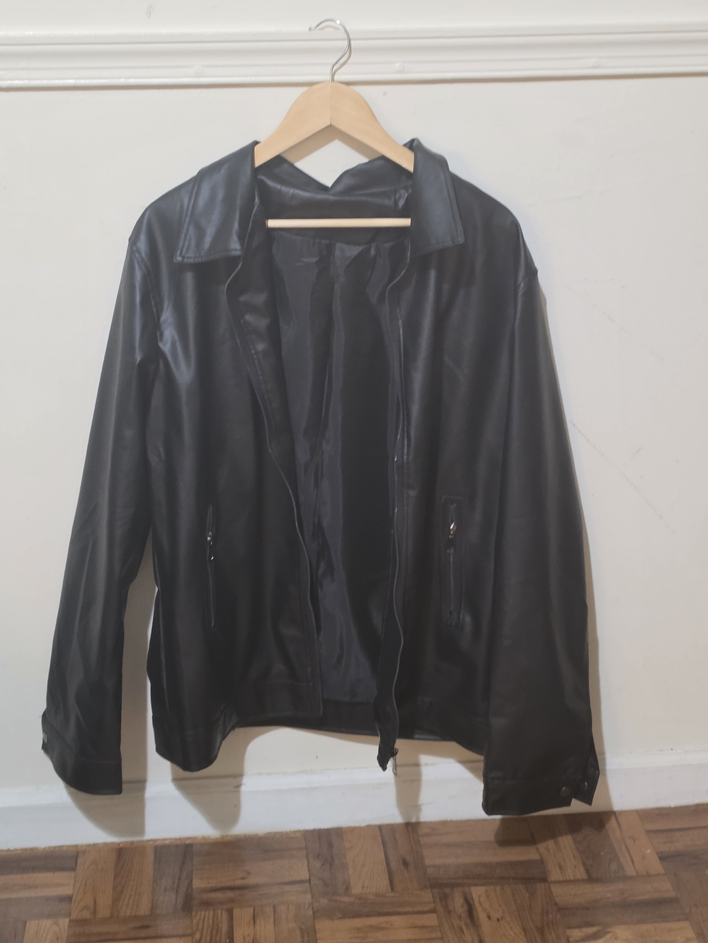 Men's Black Faux Leather Zip Jacket XL